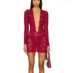 Deep V Lace Long-Sleeve Mini Dress - Burgundy